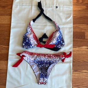 Red, white and blue faux sparkle bikini
